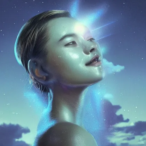 Prompt: sci - fi, close - up, 3 d, moon rays, night, smiling fashion model face, cinematic, clouds, sun rays, vogue cover style, poster art, blue mood, realistic painting, intricate oil painting, high detail illustration, figurative art, multiple exposure, poster art, 3 d, by tooth wu and wlop and beeple and greg rutkowski