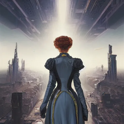 Prompt: portrait of a victorian lady in a futuristic city, from behind, streets, beautiful, sci-fi, open sky, tall buildings, highly detailed, digital painting by Akira Toriyama