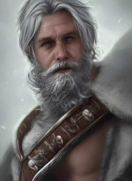 Image similar to an epic fantastic realism comic book style portrait painting of an aasimar paladin, male, shaggy silver hair, short brown beard, d & d concept art, unreal 5, daz, petrol aesthetic, octane render, cosplay, rpg portrait, dynamic lighting