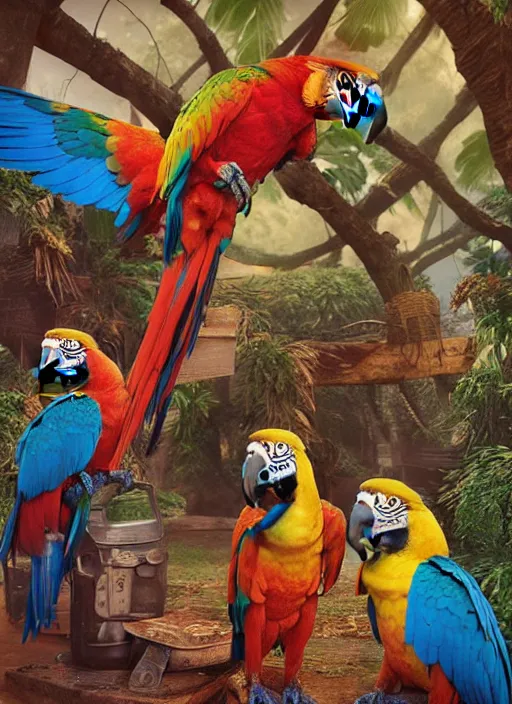 Prompt: An epic fantastic realism comic book style painting of the most beautiful macaw parrots, bouquets, Shamanic Mask, fisheye lens, unreal 5, DAZ, hyperrealistic, octane render, dynamic lighting