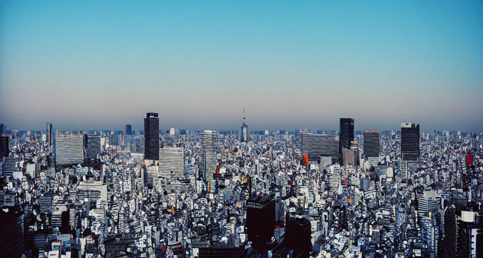 Image similar to photograph of the tokyo skyline, shot on cinestill 5 0 d with a 3 5 mm lens aperture f / 8, dynamic composition, high camera angle, wide angle, full frame, full res, pinpoint sharp focus, hyper realistic
