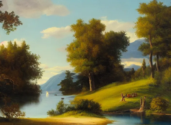 Image similar to yacht at a lake near the shore with tree hills, oil painting, detailed