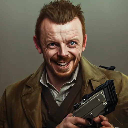 Image similar to portrait painting of simon pegg smiling like a winner with a winchester, ultra realistic, concept art, intricate details, eerie, highly detailed, photorealistic, octane render, 8 k, unreal engine. art by artgerm and greg rutkowski and alphonse mucha