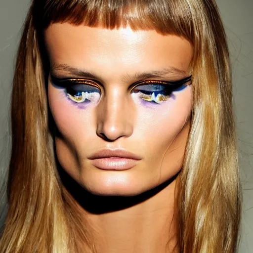 Image similar to portrait of young edita vilkeviciute, versace fashion show 2 0 1 1 spring summer backstage, makeup by pat mcgrath