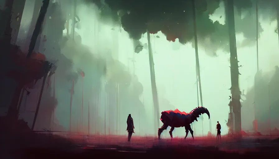 Image similar to ismail inceoglu and jama jurabaev's concept art, cel shadow, film shooting, trends on artstation, high quality, brush strokes, bright colors, a giant demon goat skull buried in the mysterious rain forest