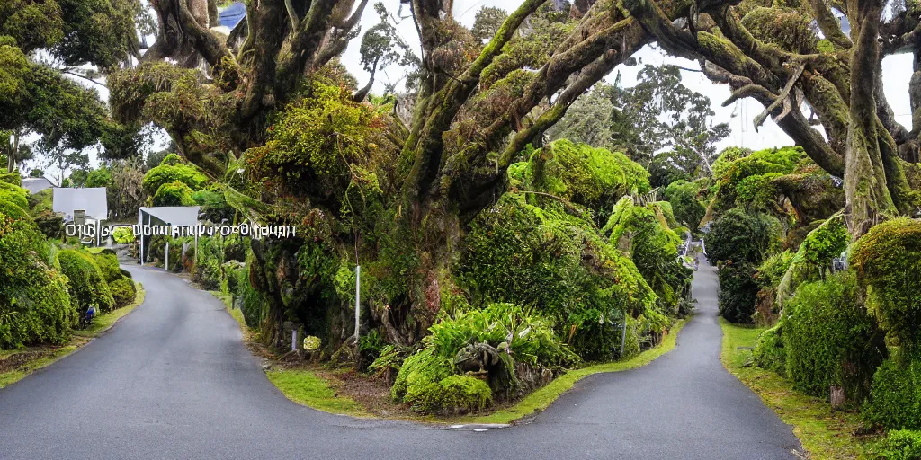 Prompt: a suburban street in wellington, new zealand. quaint cottages interspersed with an ancient remnant lowland podocarp broadleaf forest full of enormous trees with astelia epiphytes and vines. rimu, kahikatea, cabbage trees, manuka, tawa trees, rata. stormy windy day. landscape photography 4 k. stream in foreground