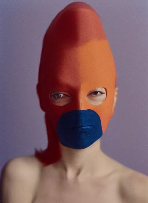 Prompt: a fashion portrait photograph of a woman wearing a plastic mask designed by mark rothko, 3 5 mm, color film camera,