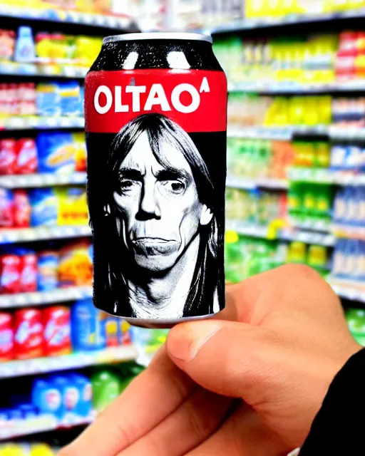 Image similar to a hand holding a soda can with iggy pop's face on the label, inside a supermarket