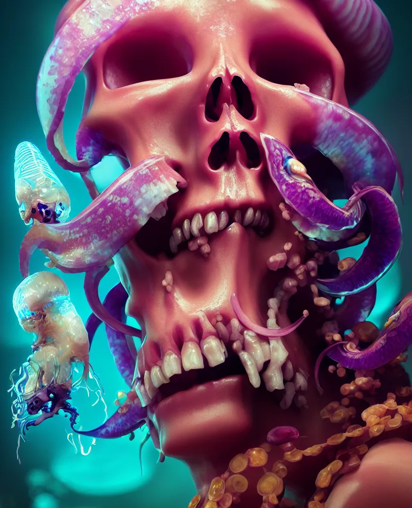 Image similar to goddess close - up portrait human skull, ram skull, squid phoenix jellyfish, orchid, betta fish, bioluminiscent, intricate artwork by tooth wu and wlop and beeple. octane render, trending on artstation, greg rutkowski very coherent symmetrical artwork. cinematic, hyper realism, high detail, octane render, 8 k