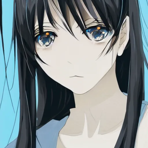 Image similar to 1 7 - year - old anime goth girl, black hair, long bob cut, long bangs, gothic coat, long bangs, united kingdom, rainy day, small town, midlands, english village, street scene, ultra - realistic, sharp details, cold lighting, blue and gray colors, intricate details, subsurface scattering, hd anime, 2 0 1 9 anime