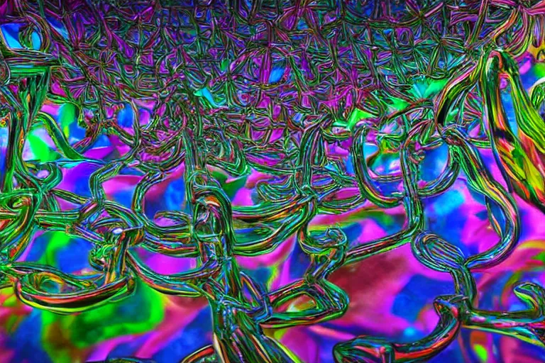 Image similar to a trippy illustration of interleaved pipes of multicoloured metallic plasticine fractals enclosed by a crystalline dome. dmt, machine elves, 8 k, octane render