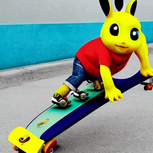 Prompt: Pickachu on a skateboard in a skatepark pixar style