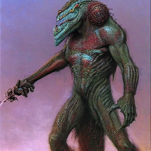 Image similar to lizardman warrior concept, tribal, beksinski