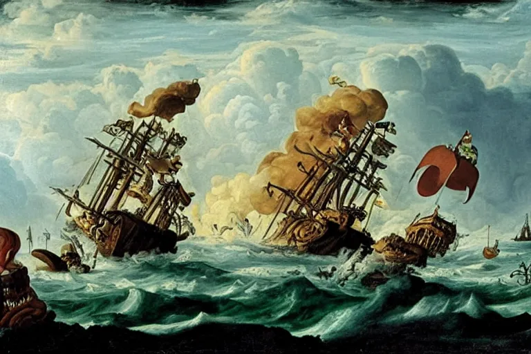 Image similar to A Kraken attacks a ship, Hans Savery the Elder (1626), oil on canvas, detailed brushstrokes