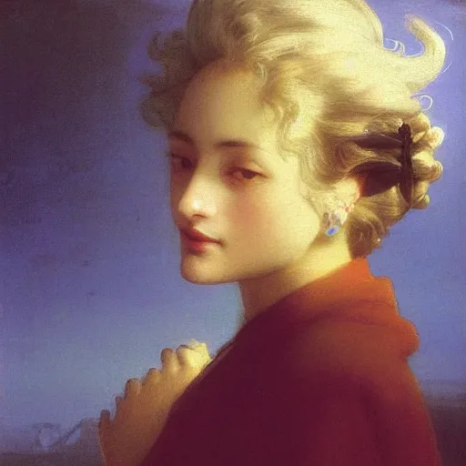 Image similar to a young woman's face, her hair is silver and she wears a cobalt blue satin cloak, by ivan aivazovsky and syd mead and moebius and gaston bussiere and roger dean and pieter claesz and paul delaroche and alma tadema and aelbert cuyp and willem claesz, hyperrealistic, volumetric light, octane render