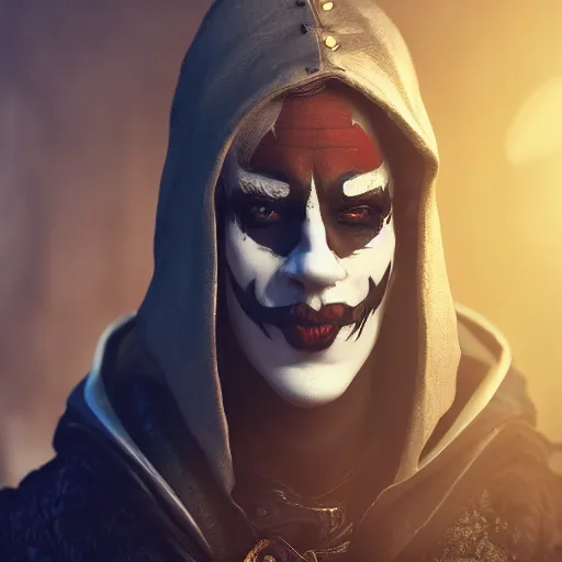 Image similar to a digital art close up portrait of hooded bard with porcelain mask in style of d & d character, handsome warlock with magic character sheet, light clown makeup, 4 k, ultra detail, volumetric lighting, unreal engine, octane render, grimdark