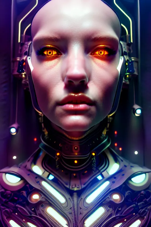 Prompt: portrait of ultra realistic, beautiful cyborg woman, metahuman, sci-fi, fantasy, cyberpunk, intricate, elegant, highly detailed, digital painting, octane render, artstation, concept art, smooth, sharp focus, eerie, illustration, art by artgerm and and alphonse mucha