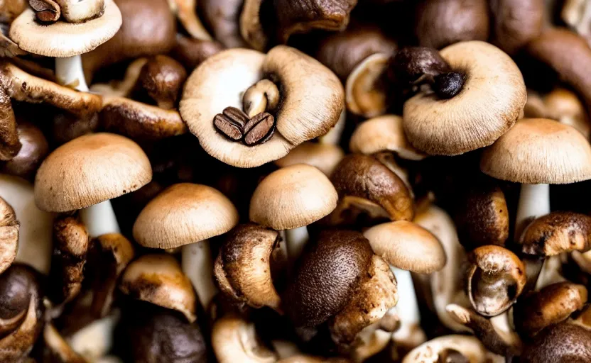 Prompt: mushrooms growing from coffee beans, photography