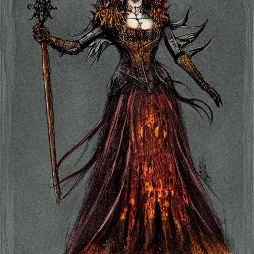 Image similar to Detailed Beautiful and symmetrical witch of fire wearing victorian dress and rusty crown, dark souls, concept art