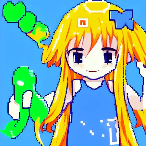 Image similar to pixel art anime girl holding a blue slime, kawaii chibi
