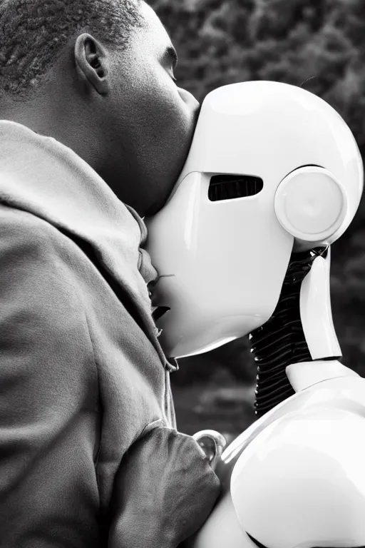 Prompt: a spectacular wideangle detailed closeup portrait photo, of a white robot kissing a african woman, beautiful low light mist