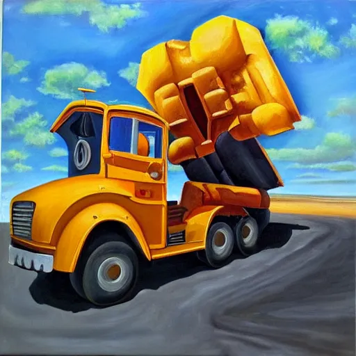 Prompt: an oil painting of a giant tonka truck, surrealism
