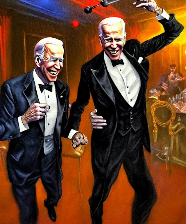 Image similar to hyperrealistic mixed media painting of Joe Biden as a swing dancer, dimly lit 1920s speakeasy, black tuxedo, stunning 3d render inspired art by P. Craig Russell and Barry Windsor-Smith + perfect facial symmetry + dim volumetric lighting, 8k octane beautifully detailed render, post-processing, extremely hyperdetailed, intricate, epic composition, grim yet sparkling atmosphere, cinematic lighting + masterpiece, trending on artstation, very very detailed, masterpiece, stunning