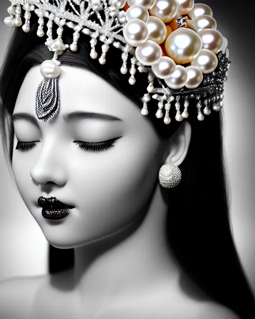 Image similar to black and white dreamy young beautiful crowned female artificial intelligence, crown is full of flowers and pearls, realistic pearl ornament in the face, long hair are intricate with highly detailed realistic pearls, cinematic, rim light, bokeh, photo - realistic, elegant, high detail, 8 k, masterpiece, photo taken in 1 9 3 0