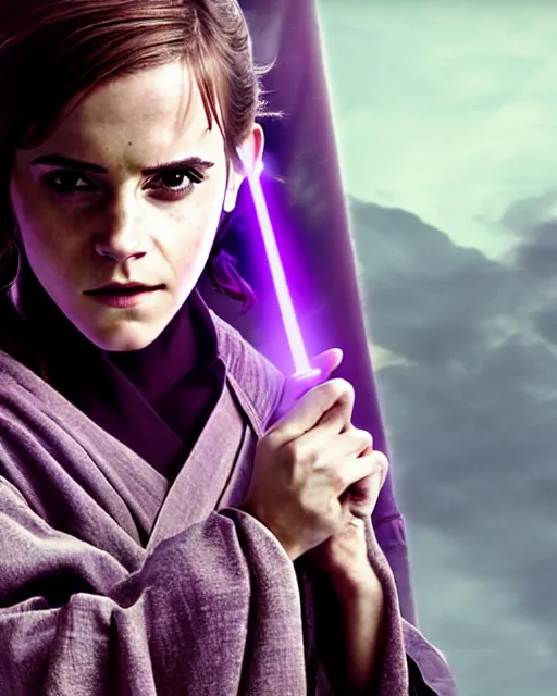 Image similar to emma watson as a jedi with ripped and damaged clothes holding a purple lightsaber in her hands, very dark background, official star wars episode xii movie poster, perfect symmetrical face, moody lighting, 8 k, shallow depth of field, intricate detail,