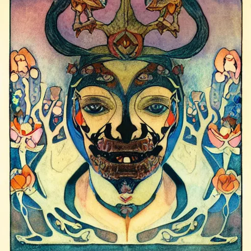 Image similar to the bone crown, by Annie Swynnerton and Nicholas Roerich and (((Diego Rivera))) and (((Edmund Dulac))), bioluminescent skin, floral tattoos, goth, iridescent beetles, elaborate costume, geometric ornament, symbolist, rich colors, dramatic lighting, smooth, sharp focus, extremely detailed