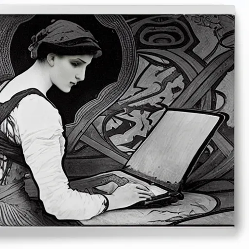 Prompt: a confused designer looking at their laptop by Alphonse Mucha