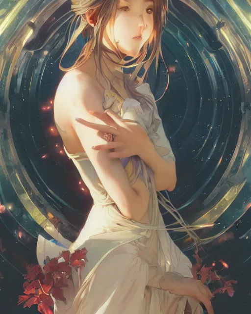 Image similar to illustration of an anime girl being entranced bewitched mesmerized hypnotized mind controlled, by artgerm and wlop and greg rutkowski and alphonse mucha, digital art, extreme detail, realistic lighting, cinematic composition, concept art, sharp focus, colorful, photorealistic, 8 k