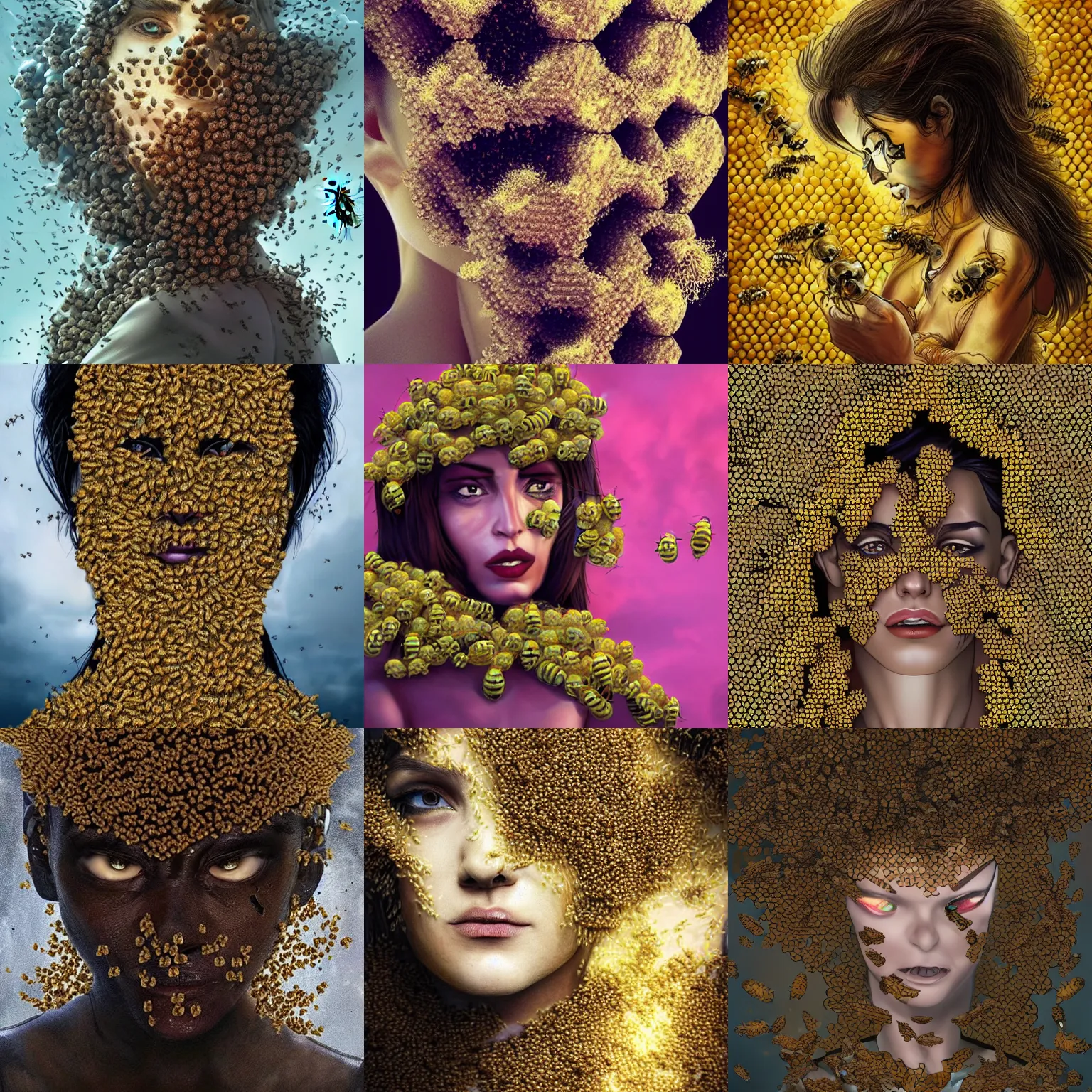 Image similar to The angry, agonizing face of a woman who is a swarm of bees made of bees surrounded by bees🐝🐝🐝 fantasy artwork, very very beautiful, trending on artstation