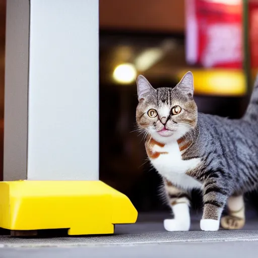 Image similar to Cat entering McDonald's and ordering a Hamburger, 40nm lens, shallow depth of field,