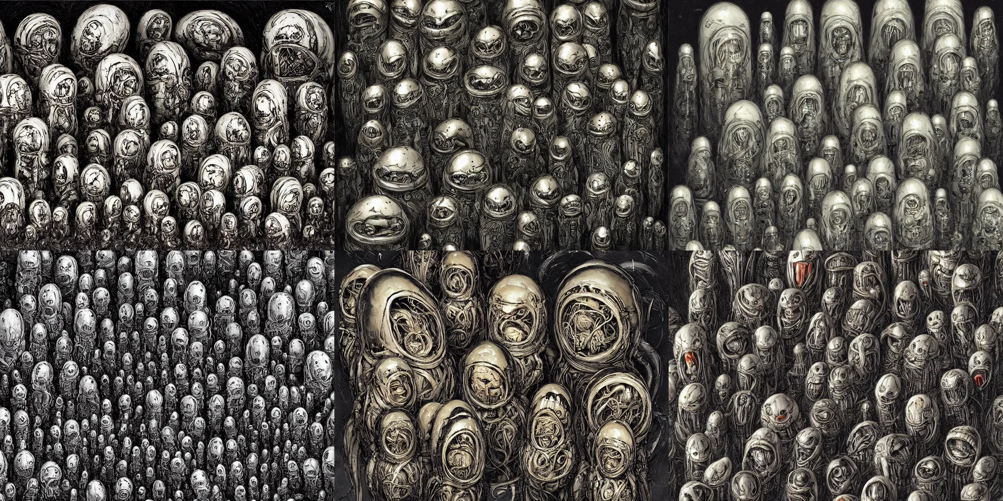 Prompt: xenomorph matryoshka dolls, by h. r. giger and tony sandoval.