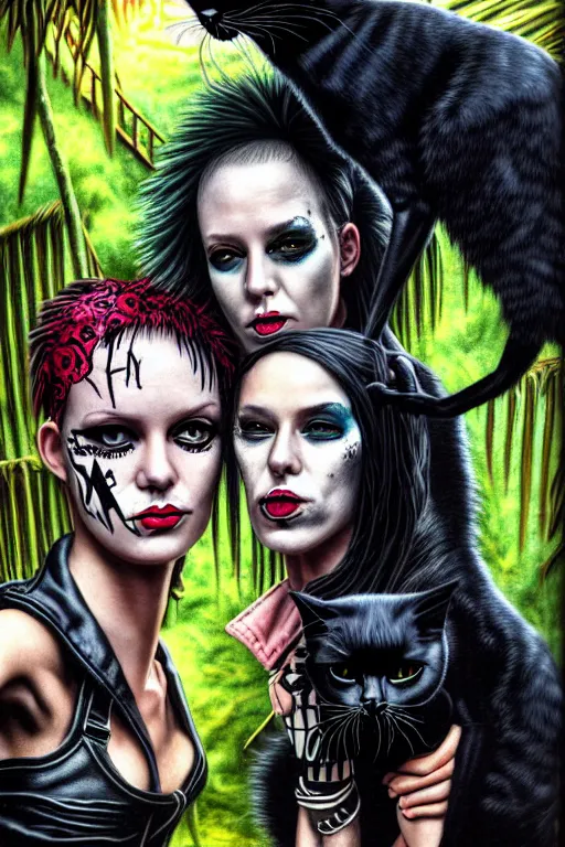 Prompt: punk rock girls kissing and making selfie with black cats in jungle , 1980 style, mad max jacket, post apocalyptic, Cyberpunk, renaissance, Gothic, mystic, highly detailed, 4k, fog, oil painting on canvas, Matrix movie, hyper realistic style, fantasy by Olga Fedorova