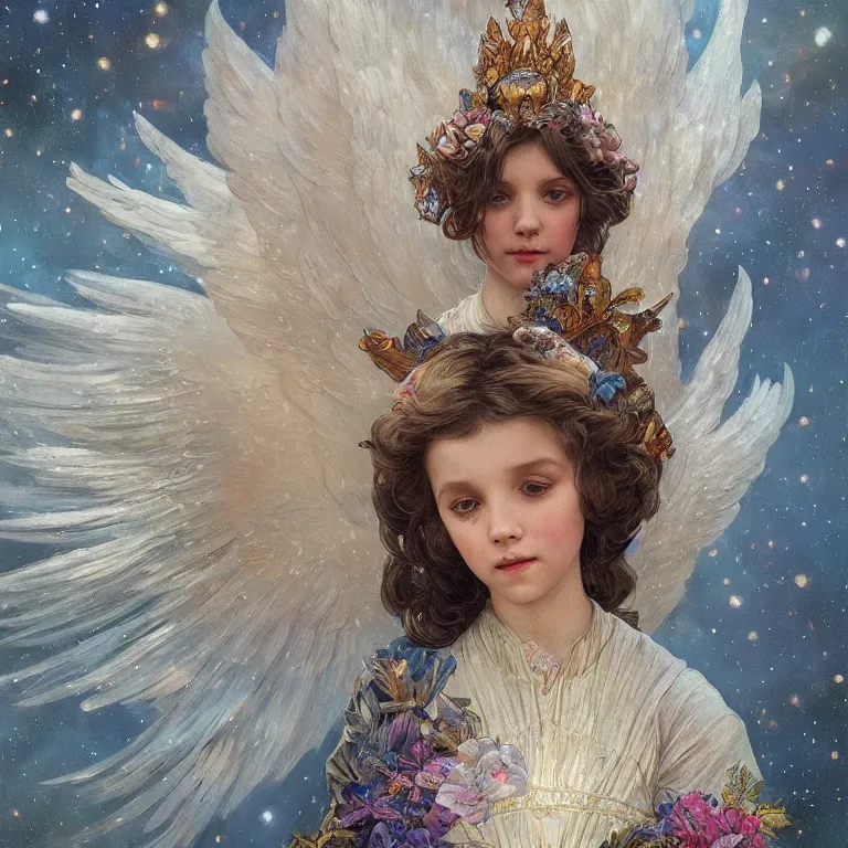 Image similar to a beautiful painting of a winged angel resembling millie bobby brown watching the lantern festival in ancient london, at night with a sky full of stars, intricate, elegant, highly detailed, digital painting, artstation, concept art, by krenz cushart and artem demura and alphonse mucha