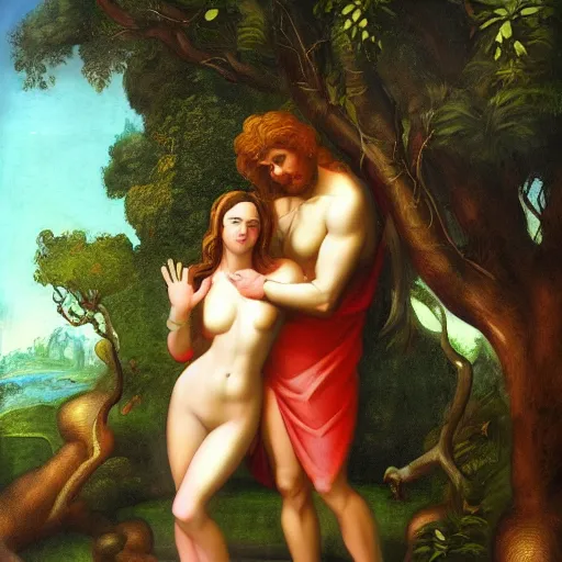 Image similar to adam and eve at paradise as a raphael paint, forbidden tree, art concept, artstation,