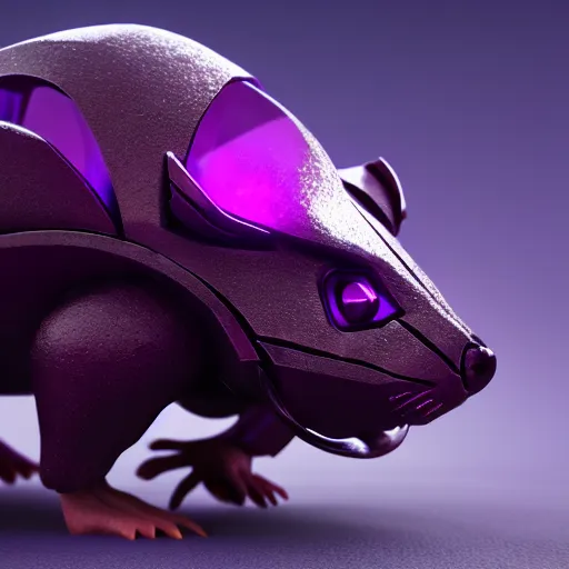 Image similar to armored mouse warrior reaching for a purple crystal, trending on Artstation, octane render, 8k, UHD