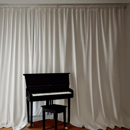 Image similar to upright piano covered in a white sheet, award winning photo, studio lightning