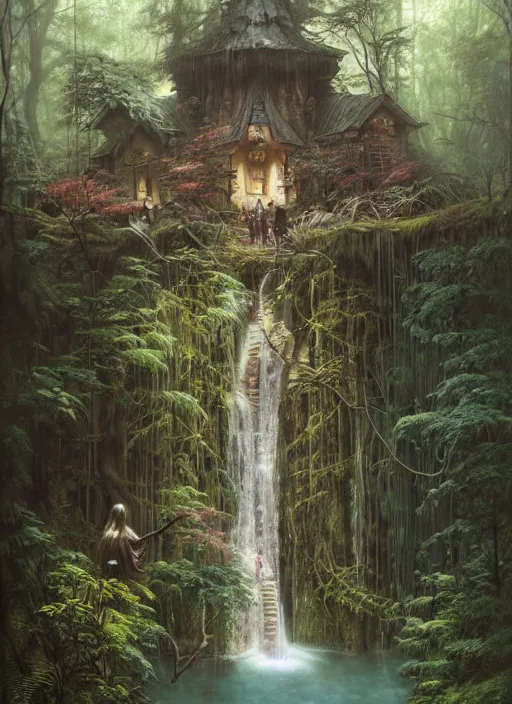 Image similar to a hyper realistic architectural witch shrine under a waterfall in the woods, gorgeous lighting, lush forest foliage, painting by chiara bautista and tom bagshaw, muca beksinski and norman rockwell and greg rutkowski weta studio, and lucasfilm