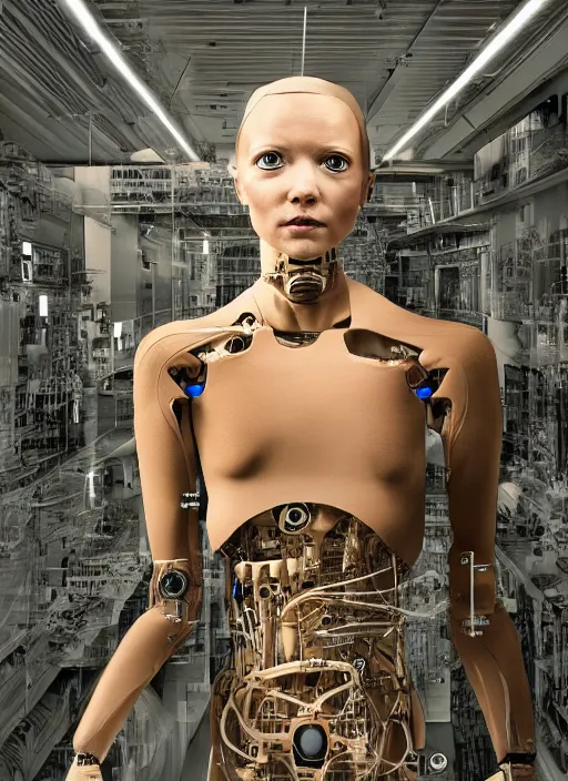 Image similar to highly detailed picture of a human robot coming to life for the very first time by Jim wooding. The image conveys fear and hope and depending dystopian world.