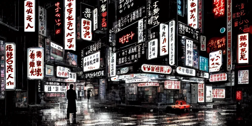 Prompt: Noir Cyberpunk Tokyo with neon signs in Japanese, raining, dark, gloomy atmosphere in style of 60-s Movies. Symbolism, Detailed Art, 8K, Epic, Dynamic Light.