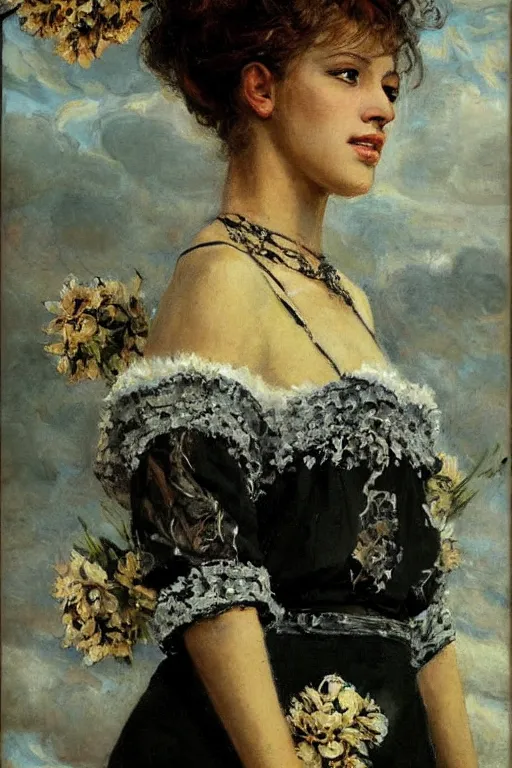 Image similar to close - up fashion black woman portrait airy flowers cloudy sky art by vasnetsov