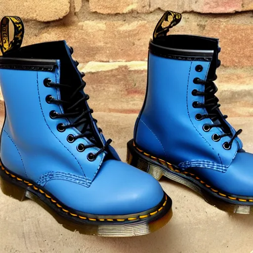 Image similar to a battered old pair of Dr martens boots, boots are blue, laces are multicoloured