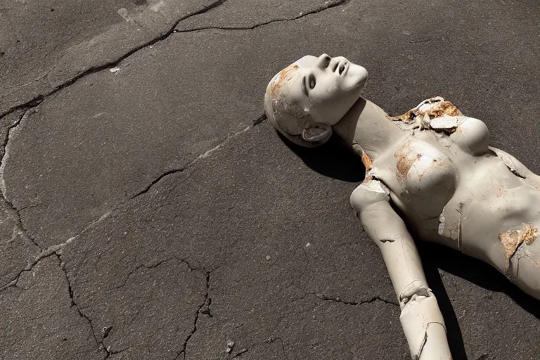 Prompt: vfx movie scene dilapidated mannequin in war torn street, natural lighting closeup by emmanuel lubezki