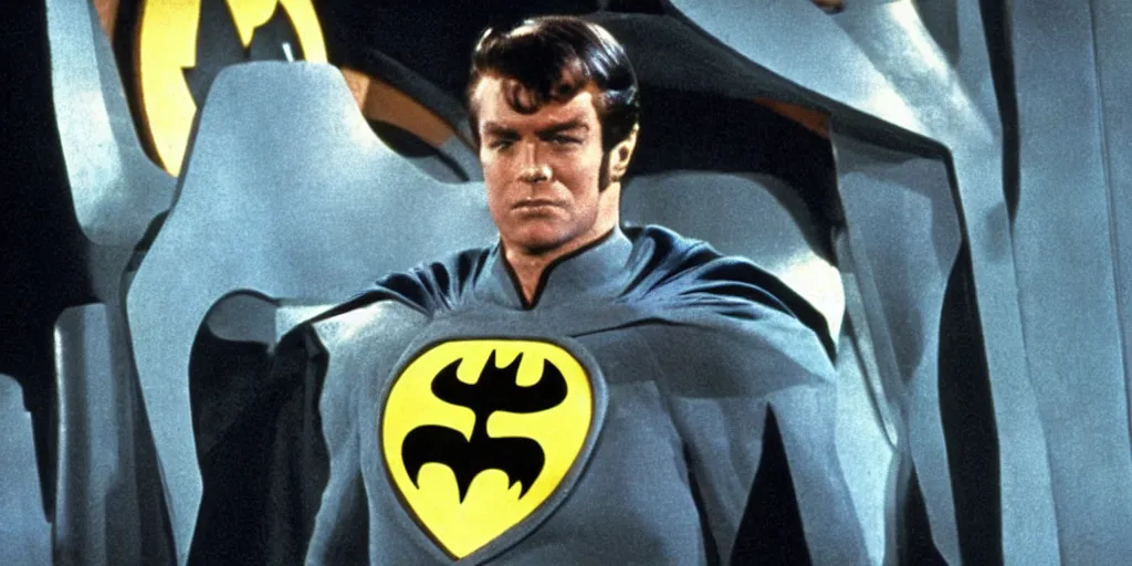 Image similar to Batman, in Starfleet uniform, in the role of Captain Kirk in a scene from Star Trek the original series