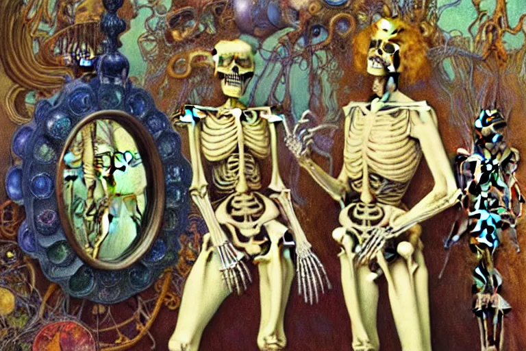 Image similar to realistic extremely detailed portrait painting of a skeleton looking in vintage mirror, alien crowd in background by Jean Delville, Amano, Yves Tanguy, Alphonse Mucha, Ernst Haeckel, Edward Robert Hughes, Roger Dean, rich moody colours, blue eyes