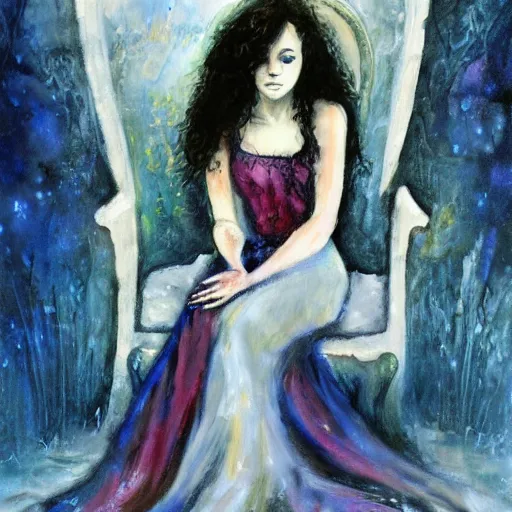 Image similar to painting in the style of lois royo of a single young girl, alone, with no one else around, sitting alone on her throne, drinking coffee. she has long dark hair, blue eyes, two arms, two legs, one torso and one head.