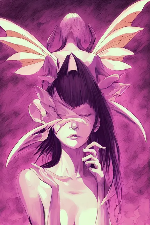 Image similar to concept art painting of a demonic devil fairy, artgerm, moebius, inio asano, toon shading, cel shading, calm, tranquil, vaporwave colors,